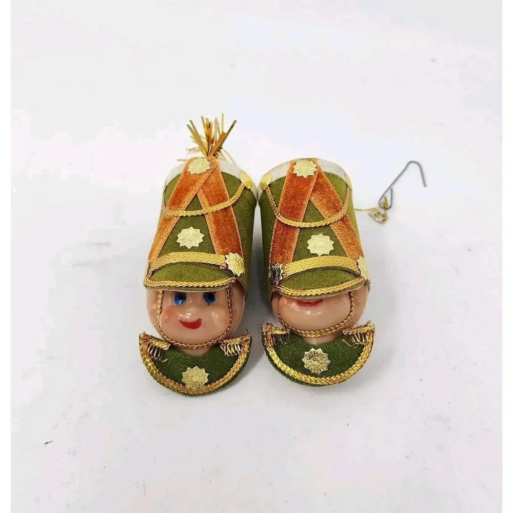 Vintage 60s‎ Pair Soldier Head Christmas Ornaments 3.5in Plastic Elf Face Japan